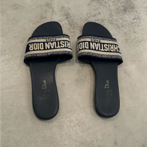 Dior Dway Slide Sandal Deep Blue Embroidered Cotton Logo open toe size 39 - Picture 5 of 13